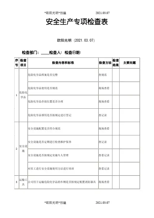 2021年安全生产专项检查表