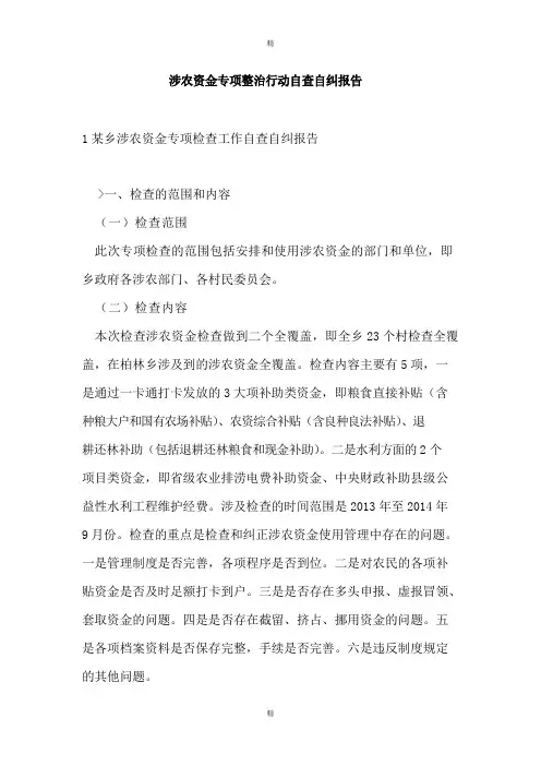 涉农资金专项整治行动自查自纠报告