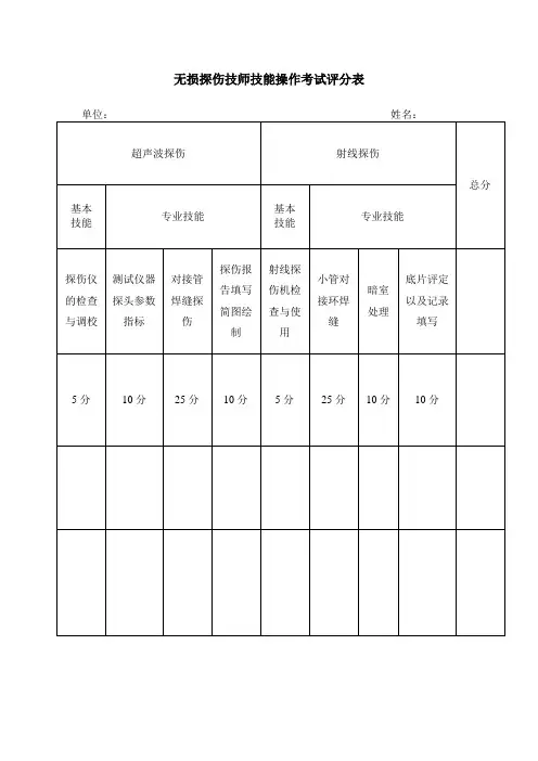 无损探伤技师技能操作考试评分表