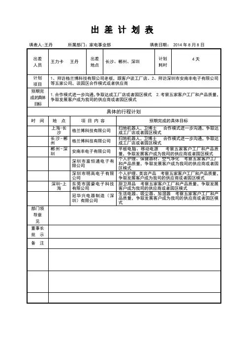 出差计划表