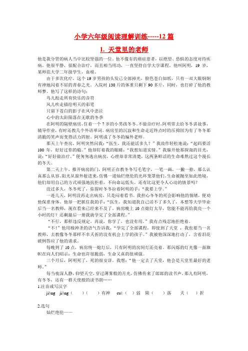 精编小学语文六年级阅读理解练习题(含参考答案)