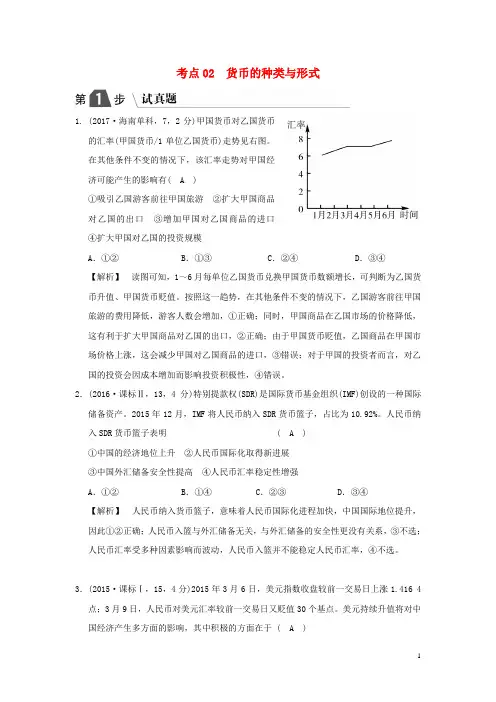【推荐重点】2019版高考政治一轮复习(A版)专题一 生活与消费 考点02 货币的种类与形式(试真题)