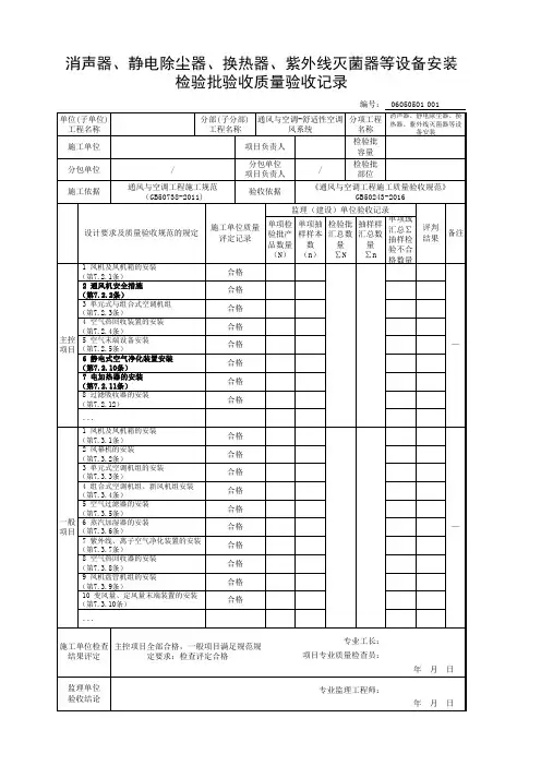 消声器、静电除尘器、换热器、紫外线灭菌器等设备安装检验批验收质量验收记录