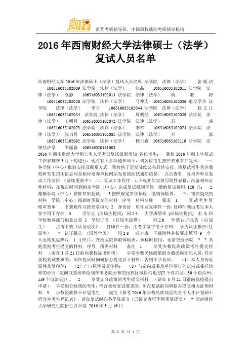 2016年西南财经大学法律硕士(法学)复试人员名单