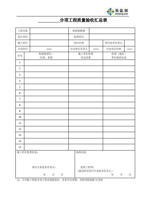 节能分项工程质量验收汇总表