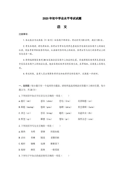 2020年初中学业水平考试语文试题及答案 (19)