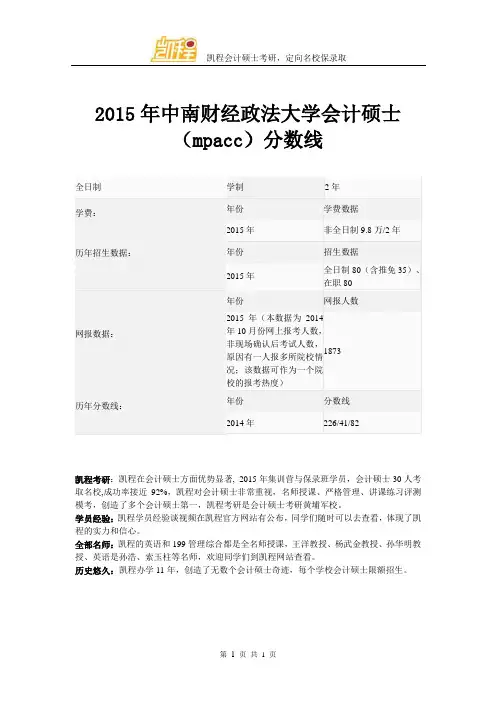 2015年中南财经政法大学会计硕士(mpacc)复试分数线是多少