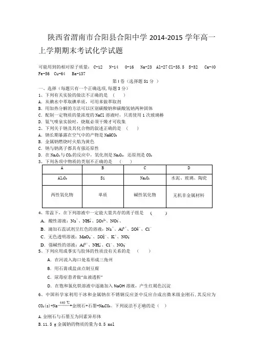 陕西省渭南市合阳县合阳中学2014-2015学年高一上学期期末考试化学试题 Word版含答案