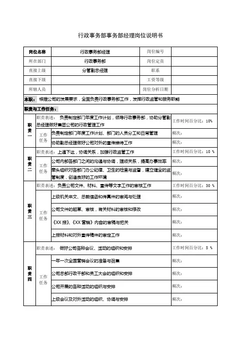 行政事务部事务部经理岗位说明书