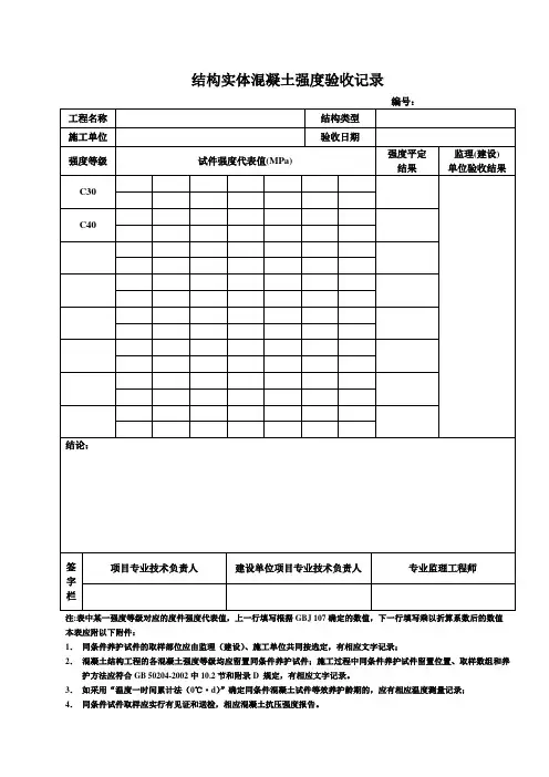 结构实体混凝土强度验收记录