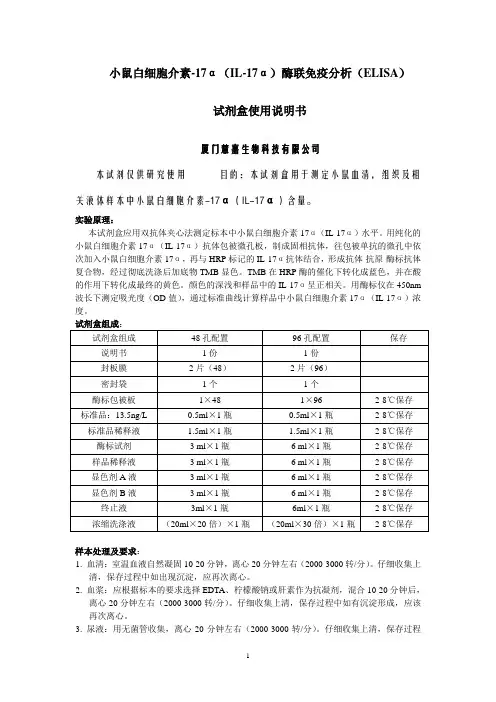 小鼠白介素-17a(IL-17a)ELISA试剂盒说明书