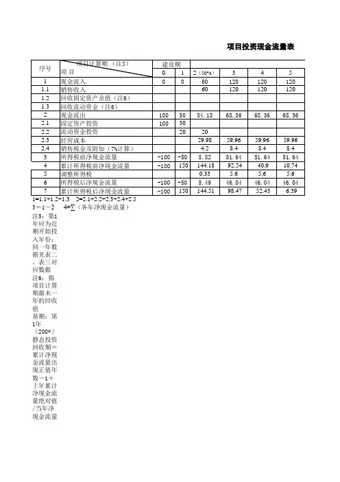 项目投资现金流量表(样表)