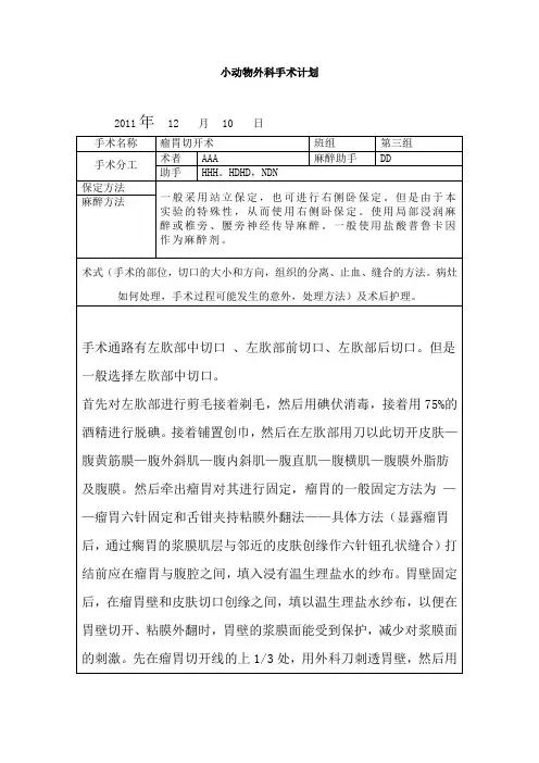 瘤胃手术动物医学学生实验报告