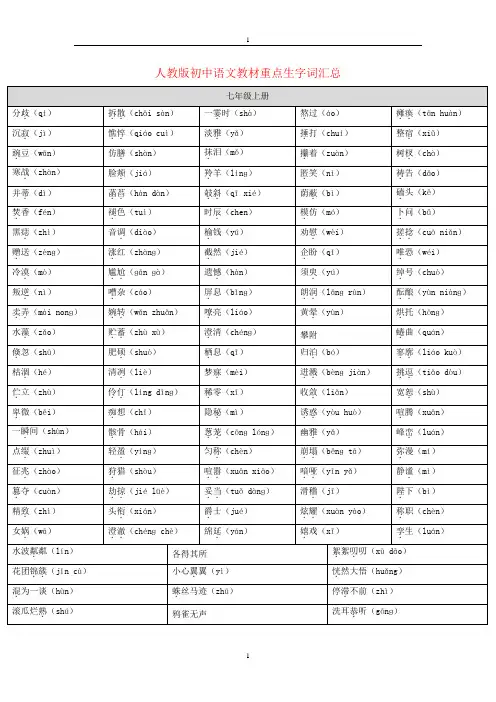 人教版初中语文7-9年级教材重点生字词汇总