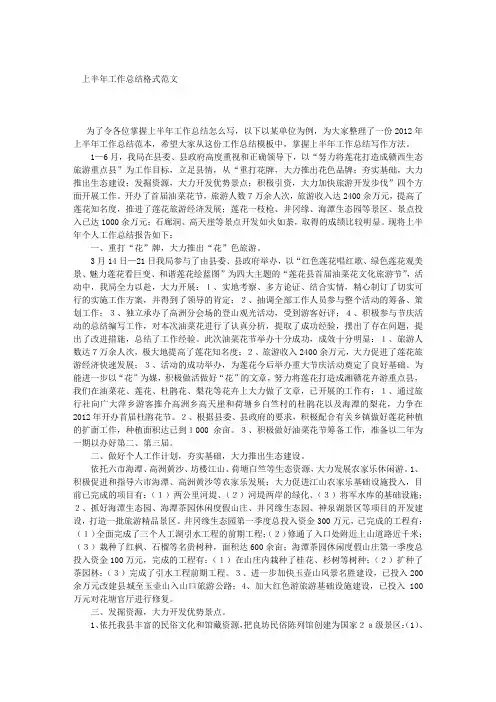 上半年工作总结格式范文