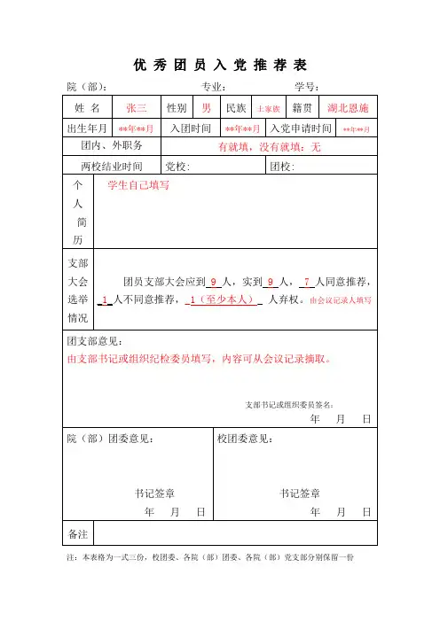 优秀团员入党推优表