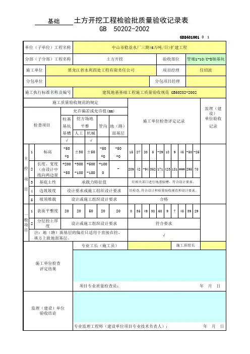 土方开挖工程检验批质量验收记录表GD2401001