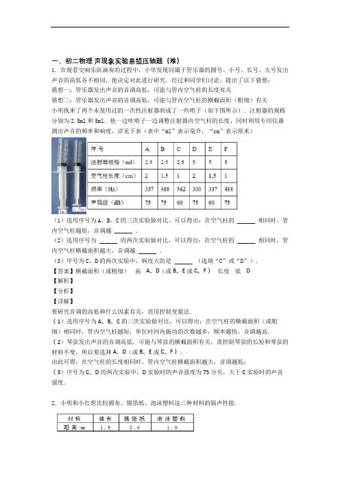 人教版八年级物理上册 声现象实验(培优篇)(Word版 含解析)