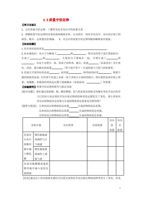 九年级化学上册 4.3 质量守恒定律学案(无答案)(新版)