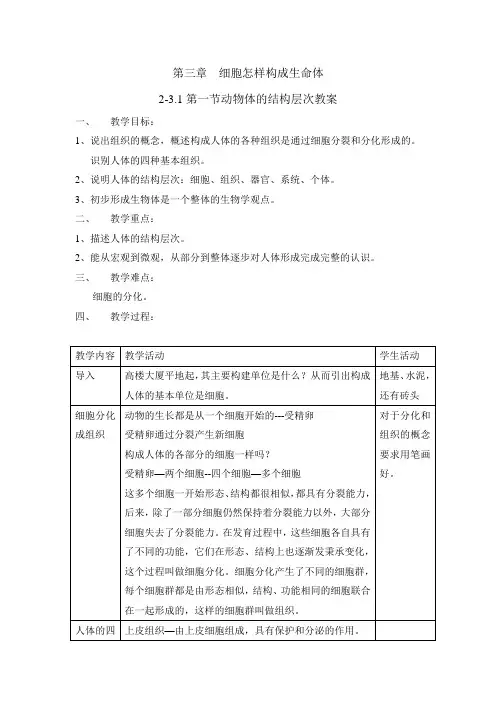 2-3.1动物体的结构层次教案