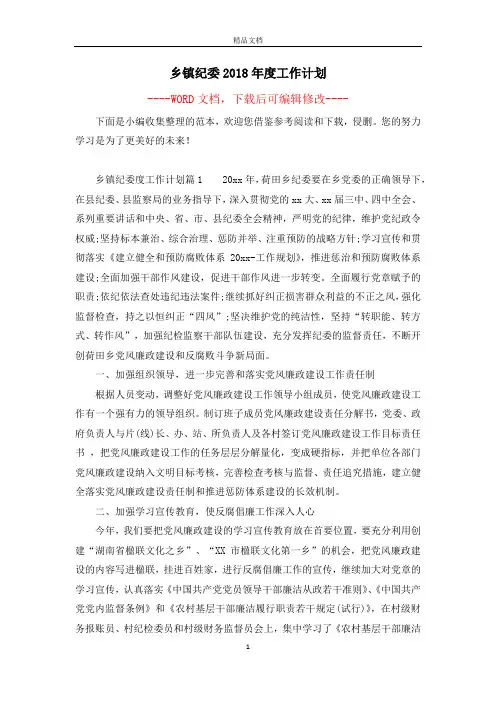 乡镇纪委2018年度工作计划