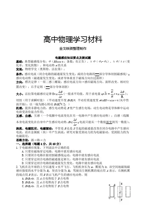 人教版高中物理选修3-2电磁感应知识要点及测试题