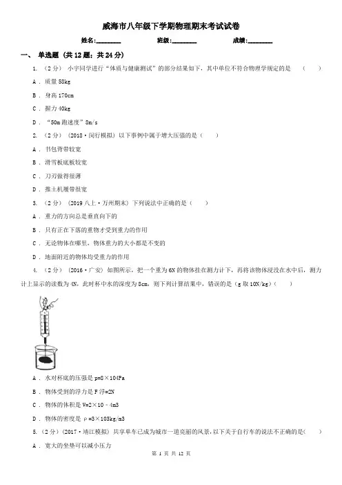 威海市八年级下学期物理期末考试试卷