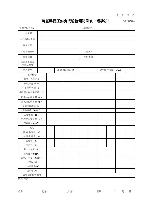 路基路面压实度试验检测记录表-JGLP01003