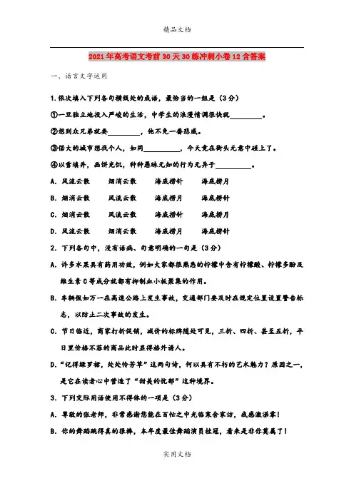 2021年高考语文考前30天30练冲刺小卷12含答案