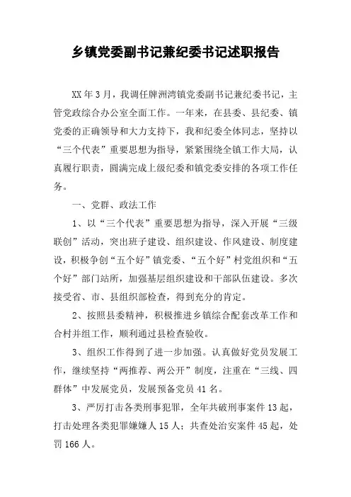 乡镇党委副书记兼纪委书记述职报告