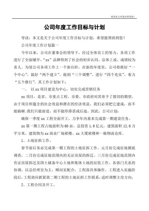 公司年度工作目标与计划