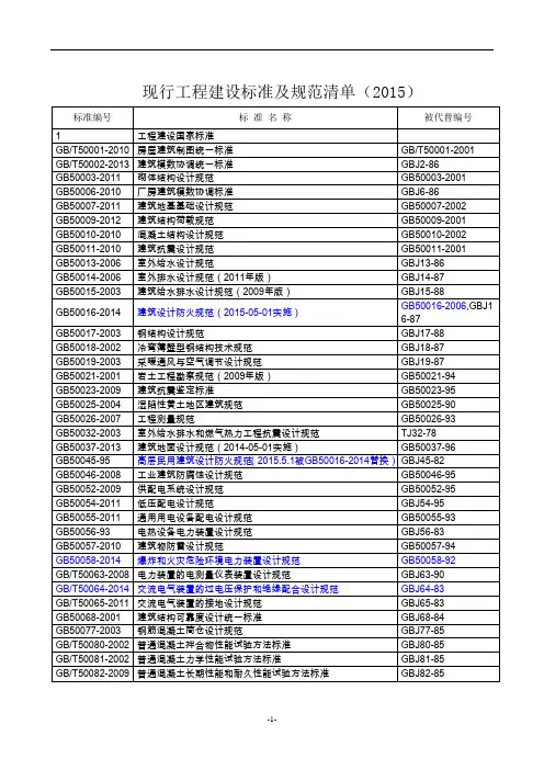 2015年工程建设标准及规范清单