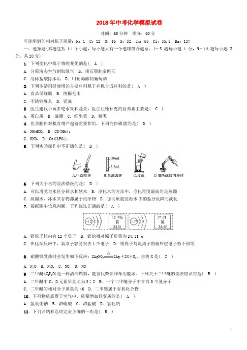 2018年中考化学模拟试卷