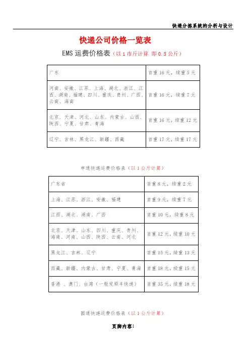 快递公司价格一览表