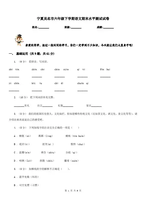 宁夏吴忠市六年级下学期语文期末水平测试试卷