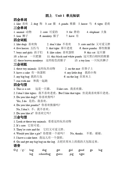 译林版牛津英语四年级上册 Unit 1 单元知识