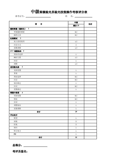 中级验光技能操作考核评分表04.11