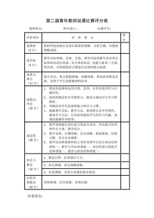 第二届青年教师说课比赛评分表