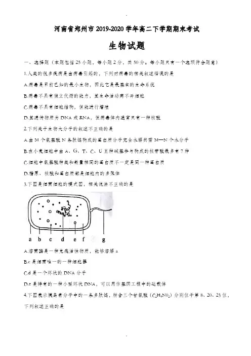 河南省郑州市2019-2020学年高二下学期期末考试生物试题word版缺答案