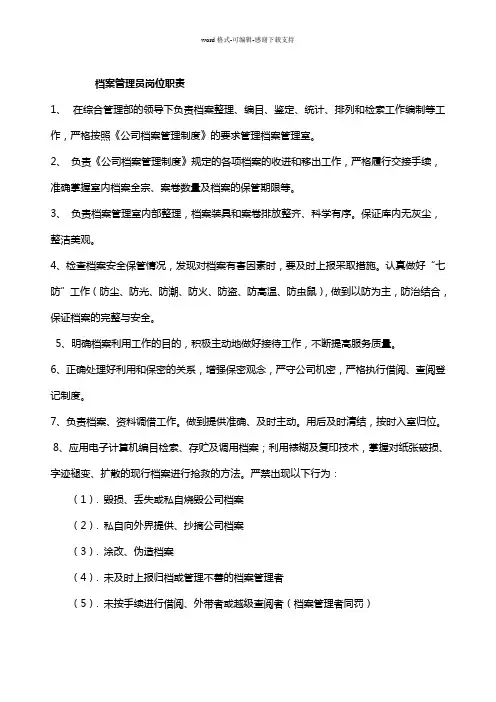 档案管理员岗位职责