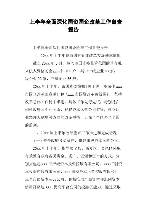 上半年全面深化国资国企改革工作自查报告