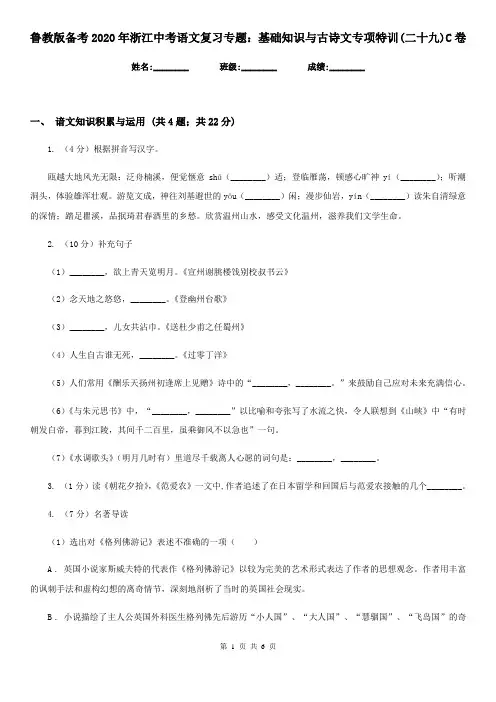 鲁教版备考2020年浙江中考语文复习专题：基础知识与古诗文专项特训(二十九)C卷