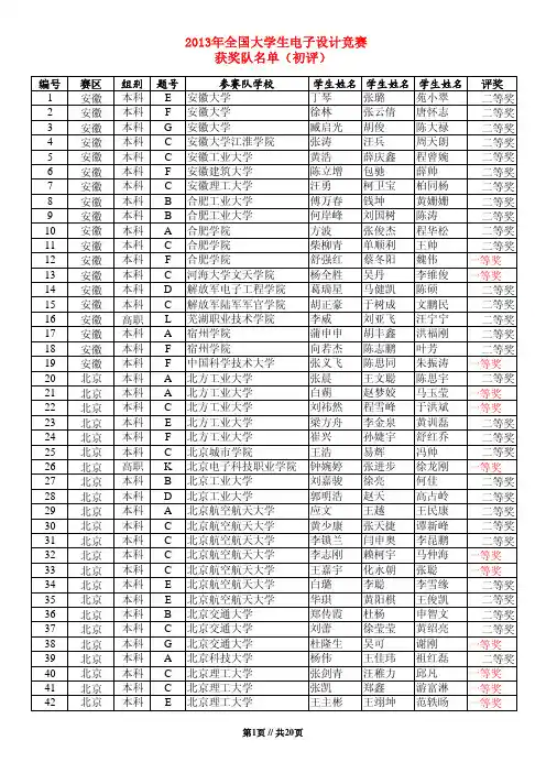 2013年全国大学生电子设计竞赛获奖队名单(初评)