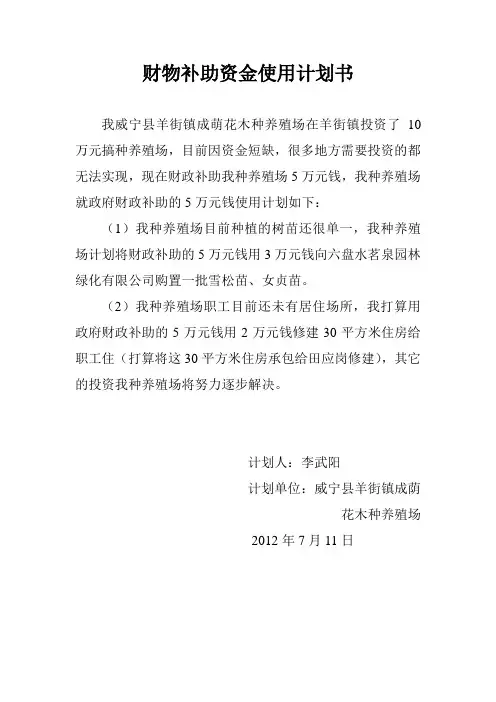 财物补助资金使用计划书