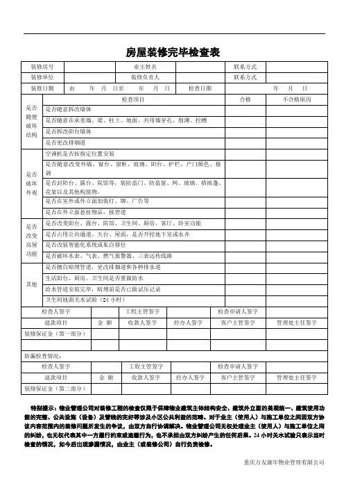 房屋装修完毕检查表