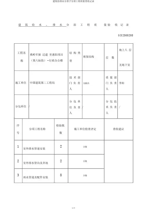 建筑给排水分部子分部工程质量验收记录