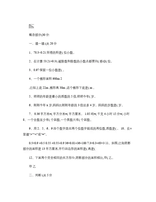 2010--2011学年度第一学期五年级数学期末练习卷.