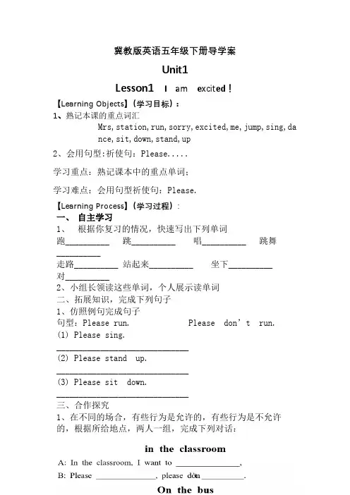 五年级英语导学案Lesson1  I  am  excited!