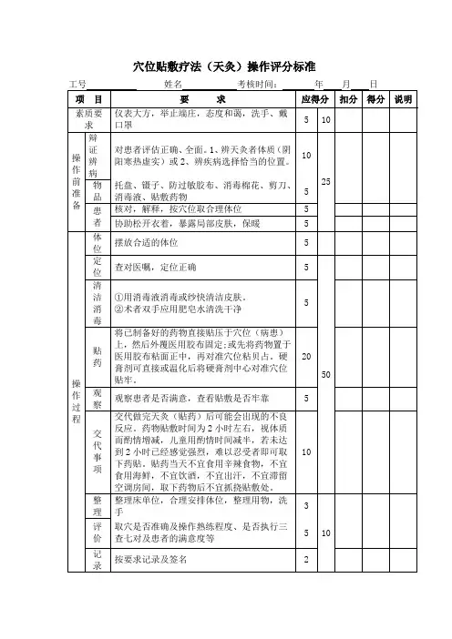 穴位贴敷疗法(天灸)操作评分标准