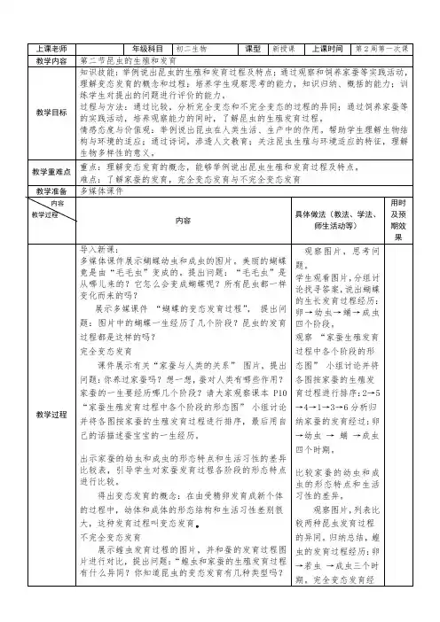 人教版生物八年级下册：7.1.2 昆虫的生殖和发育 教案设计